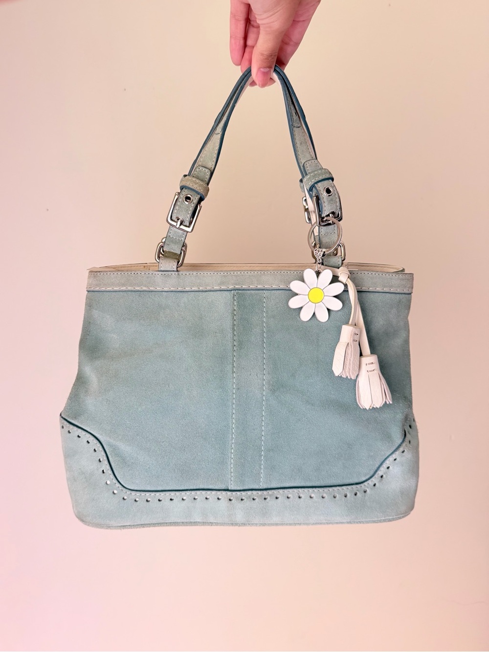 Coach Hampton Suede Carryall Tote in light blue/teal